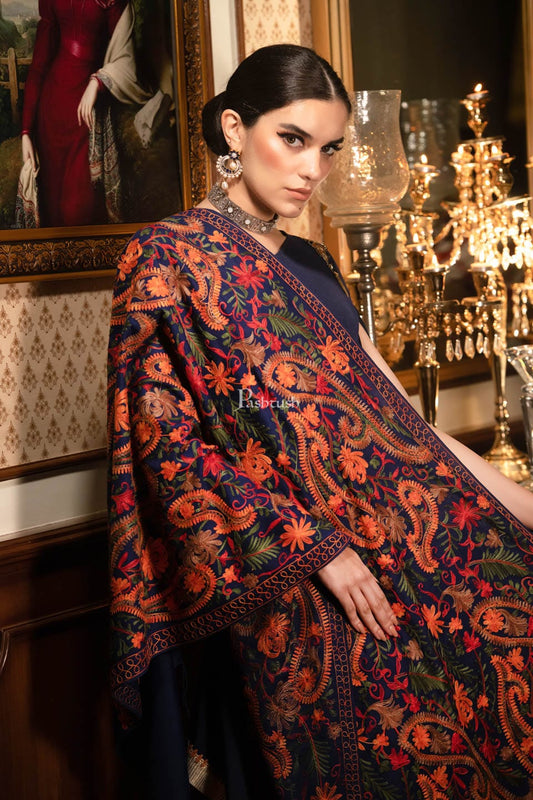 Pashtush India Womens Stoles and Scarves Scarf Pashtush Womens Stole, aari embroidery, Victorian Paisleys, Navy Blue