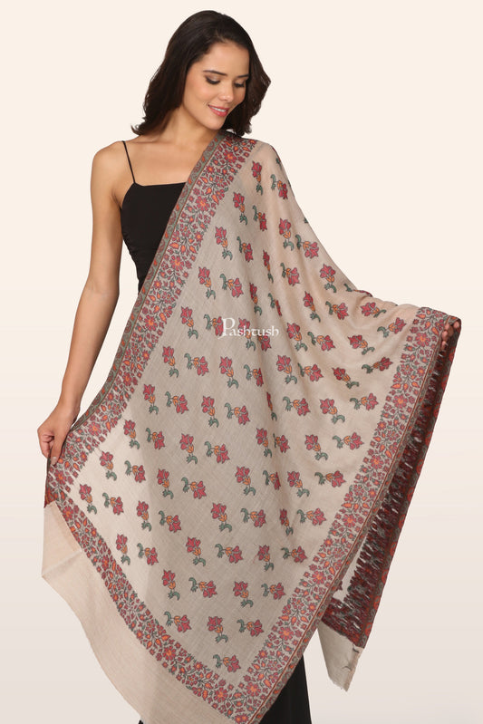 Pashtush India womens scarf and Stoles Pashtush Womens Stole, Extra fine Silk wool, Delicate Floral, Woven Pattern, Ivory