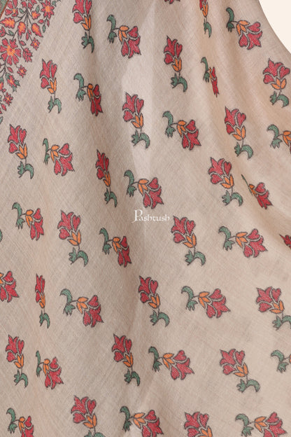 Pashtush India womens scarf and Stoles Pashtush Womens Stole, Extra fine Silk wool, Delicate Floral, Woven Pattern, Ivory