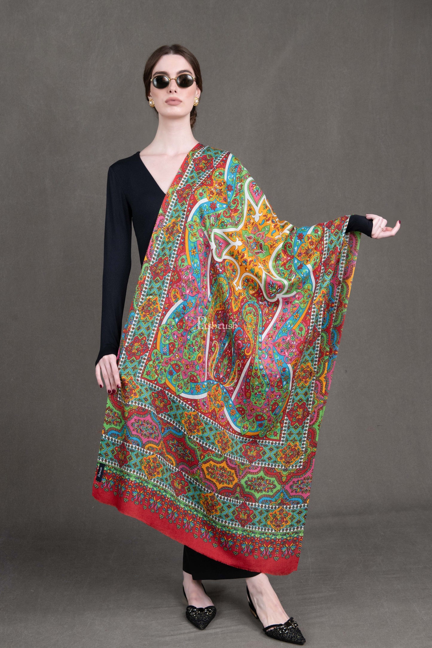 Pashtush India Womens Shawls Pashtush Womens Stole, Extra Fine Wool, Printed Kalamkari Design, Ultra Soft