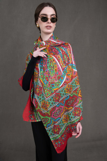 Pashtush India Womens Shawls Pashtush Womens Stole, Extra Fine Wool, Printed Kalamkari Design, Ultra Soft