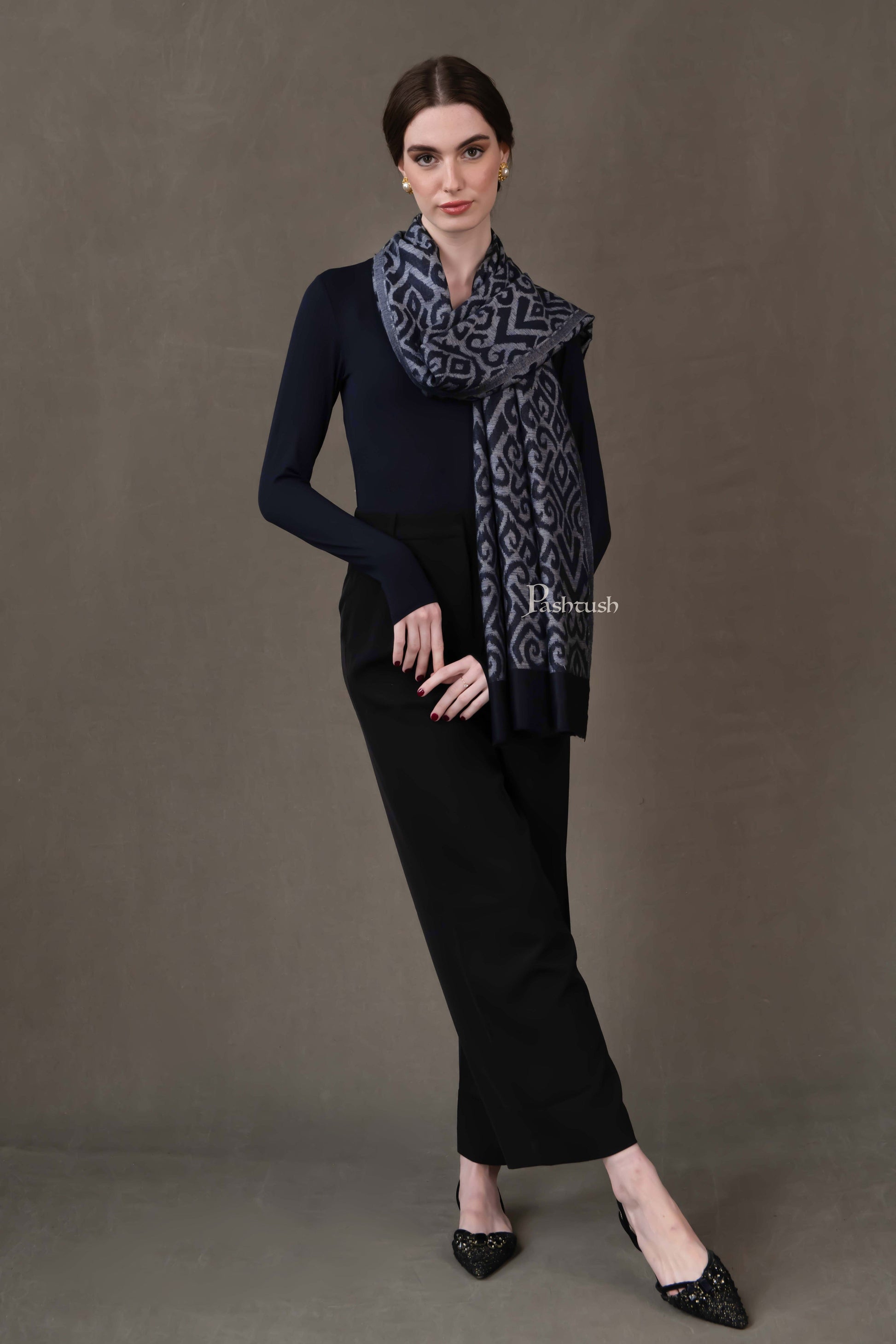 Pashtush India Womens Stoles and Scarves Scarf Pashtush Womens Stole, Extra Fine Wool-Silk, Damascus Black