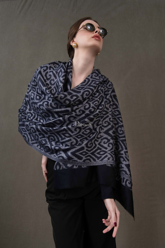 Pashtush India Womens Stoles and Scarves Scarf Pashtush Womens Stole, Extra Fine Wool-Silk, Damascus Black