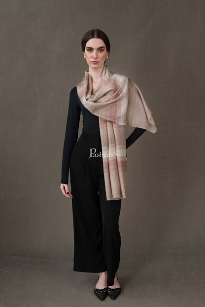 Pashtush India Womens Stoles and Scarves Scarf Pashtush Womens Stole, Extra Fine Wool-Silk, Twilight Collection, Beige and Ivory