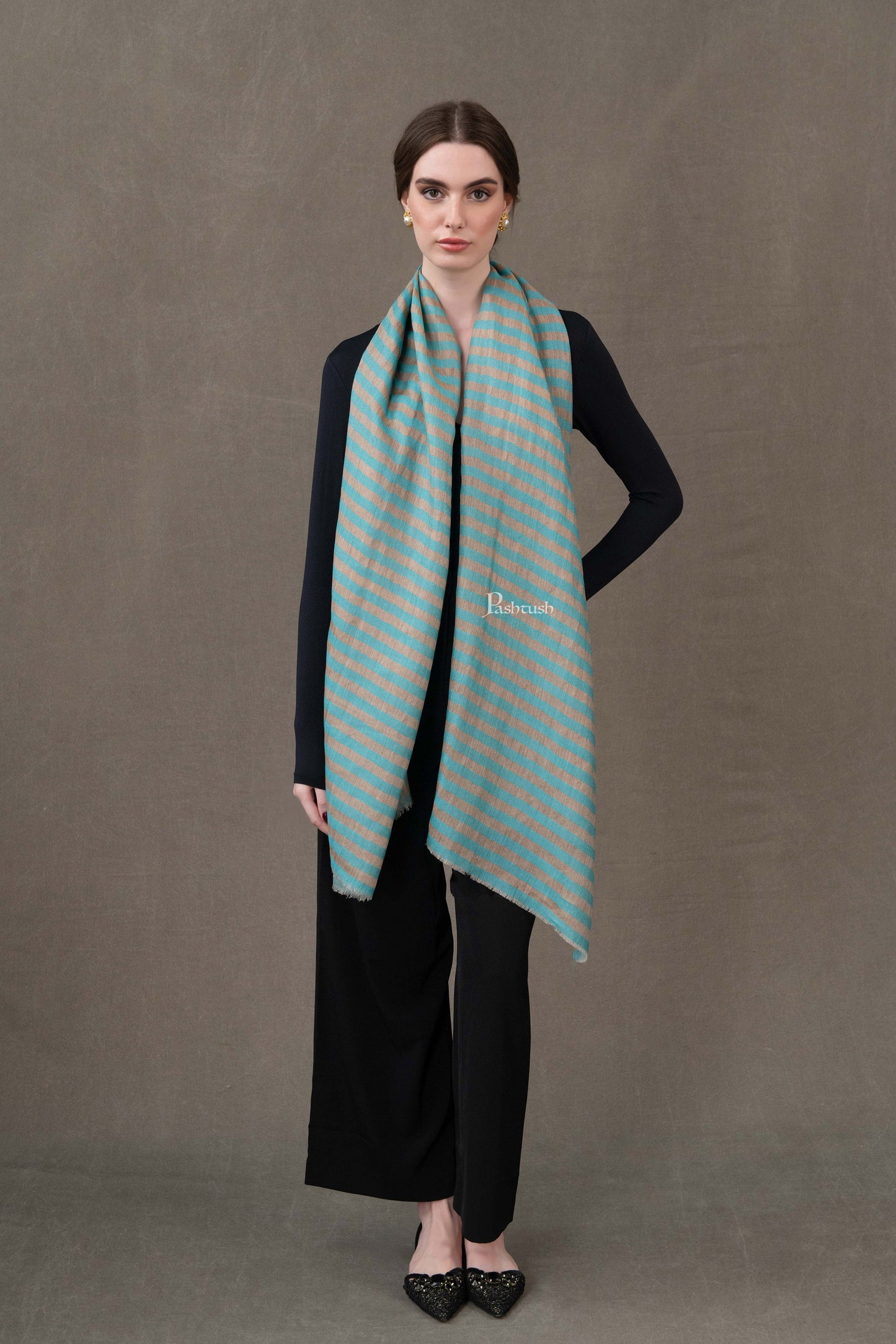 Pashtush India Womens Stoles and Scarves Scarf Pashtush Womens Stole, Extra Fine Wool-Silk, Twilight Collection, Gold Coast Blue