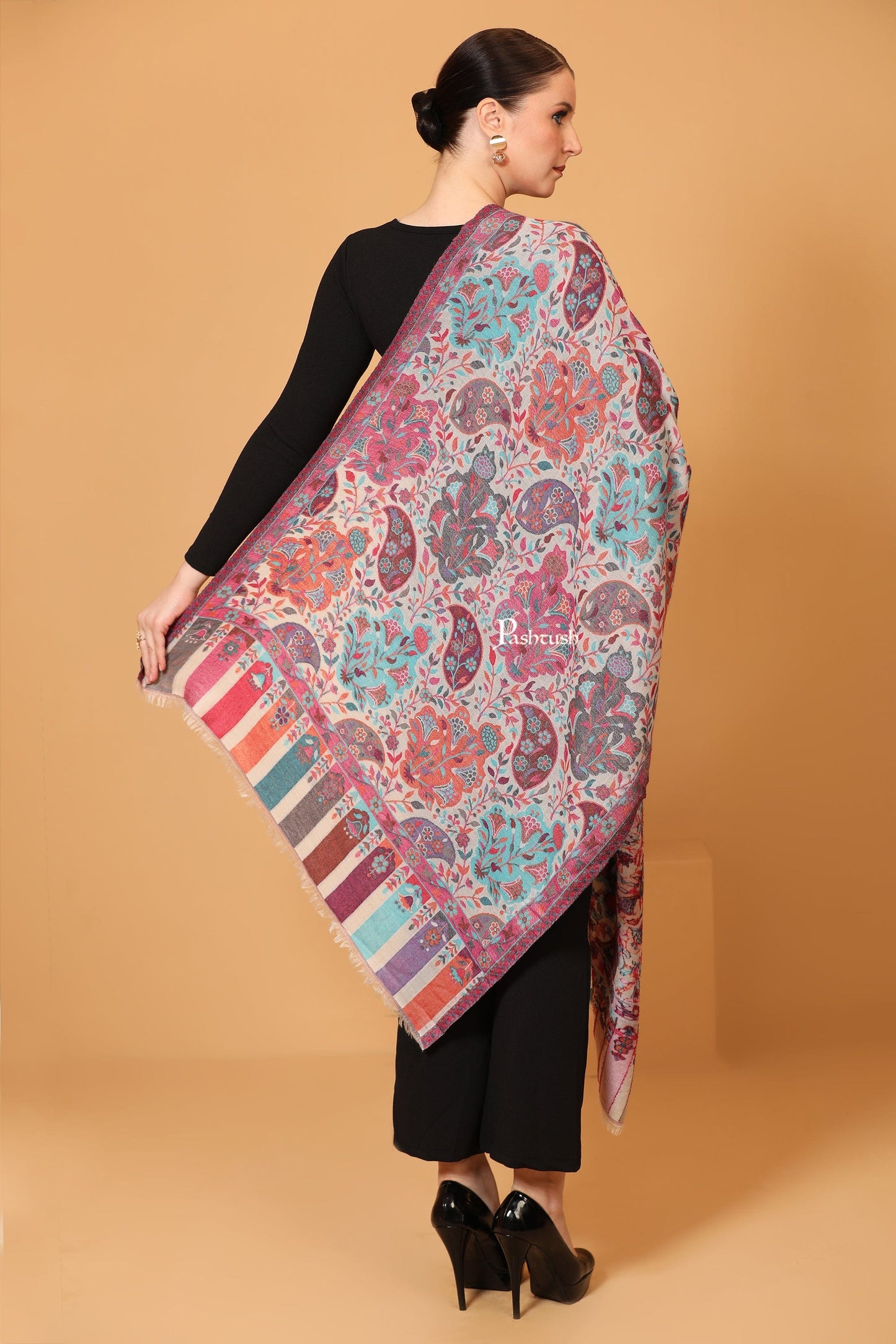 Pashtush India Womens Stoles and Scarves Scarf Pashtush Womens Stole, Extra Soft Fine Wool, Cashmere Wool, Ethnic Weave, Ivory