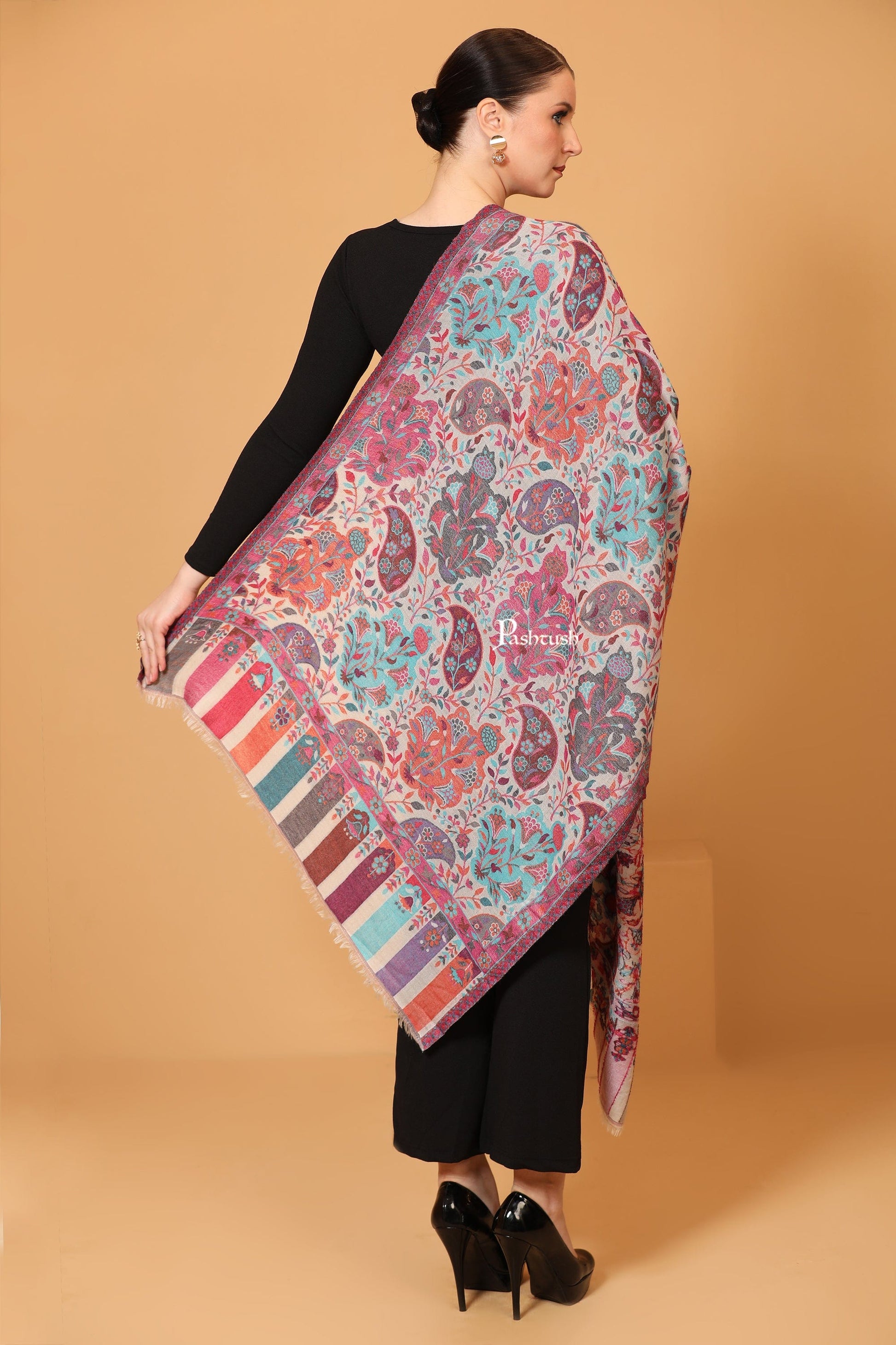 Pashtush India Womens Stoles and Scarves Scarf Pashtush Womens Stole, Extra Soft Fine Wool, Cashmere Wool, Ethnic Weave, Ivory