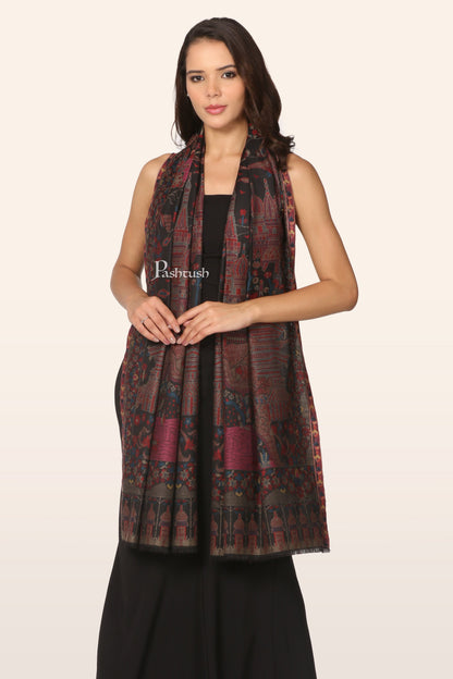 Pashtush India womens scarf and Stoles Pashtush Womens Stole, Faux Pashmina, Royal Palace Woven Design, Black