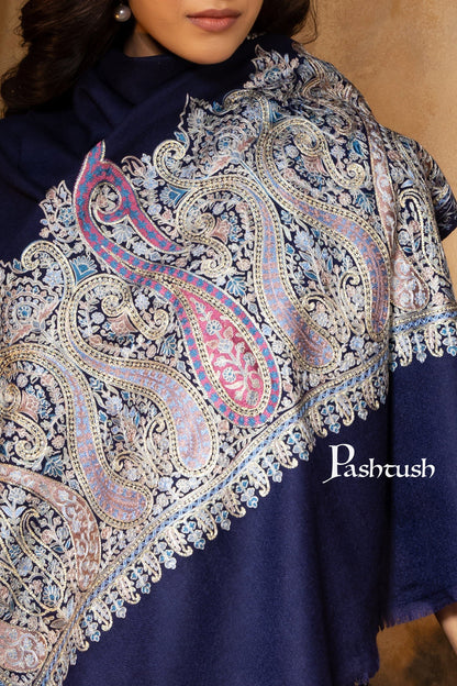 Pashtush India Womens Stoles and Scarves Scarf Pashtush Womens Stole, Fine Wool Nalki Embroidery, Lightweight Soft Warm, Navy
