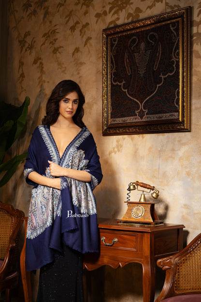 Pashtush India Womens Stoles and Scarves Scarf Pashtush Womens Stole, Fine Wool Nalki Embroidery, Lightweight Soft Warm, Navy