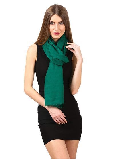 Pashtush Womens Stole, Fine Wool Scarf, Checkered Weave, Bottle Green