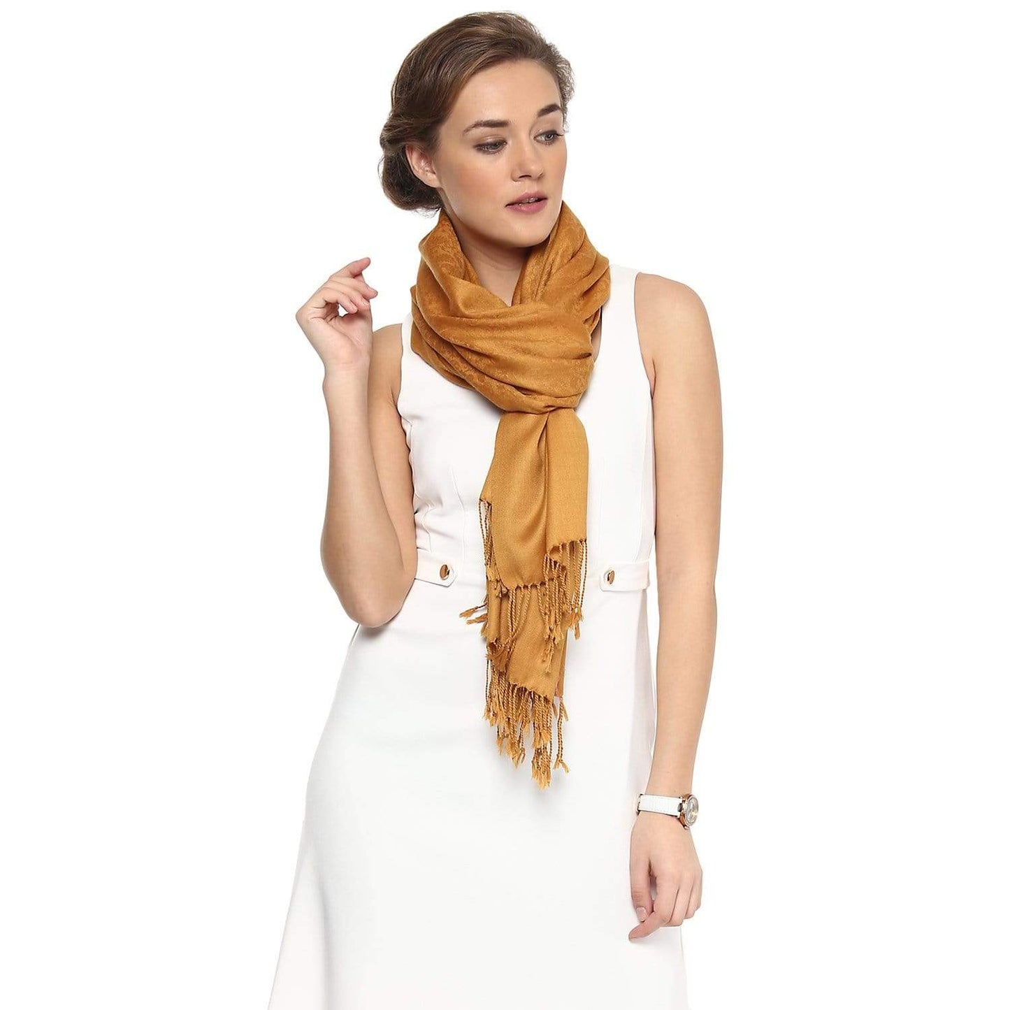 Pashtush Womens Stole, Fine Wool Scarf, Paisley Jacquard Weave, Mustard
