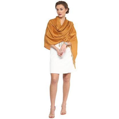 Pashtush Womens Stole, Fine Wool Scarf, Paisley Jacquard Weave, Mustard