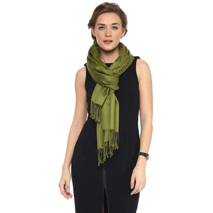Pashtush India 70x200 Pashtush Womens Stole, Fine Wool Scarf, Paisley Jacquard Weave, Olive Green