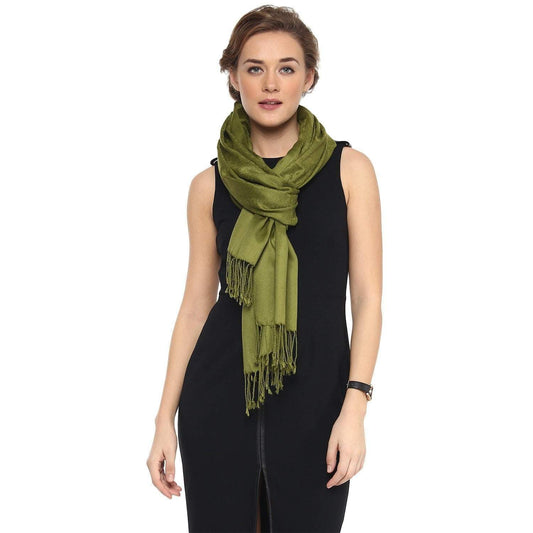 Pashtush India 70x200 Pashtush Womens Stole, Fine Wool Scarf, Paisley Jacquard Weave, Olive Green