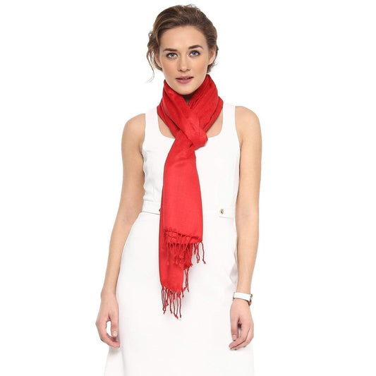 Pashtush Womens Stole, Fine Wool Scarf, Paisley Jacquard Weave, Scarlet Red