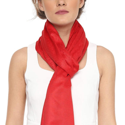 Pashtush Womens Stole, Fine Wool Scarf, Paisley Jacquard Weave, Scarlet Red