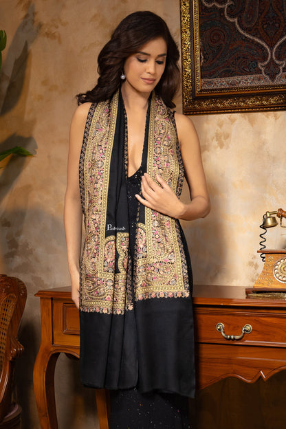 Pashtush India Womens Stoles and Scarves Scarf Pashtush Womens Stole, Fine Wool Silk Nalki Embroidery, Twilight Collection, Black