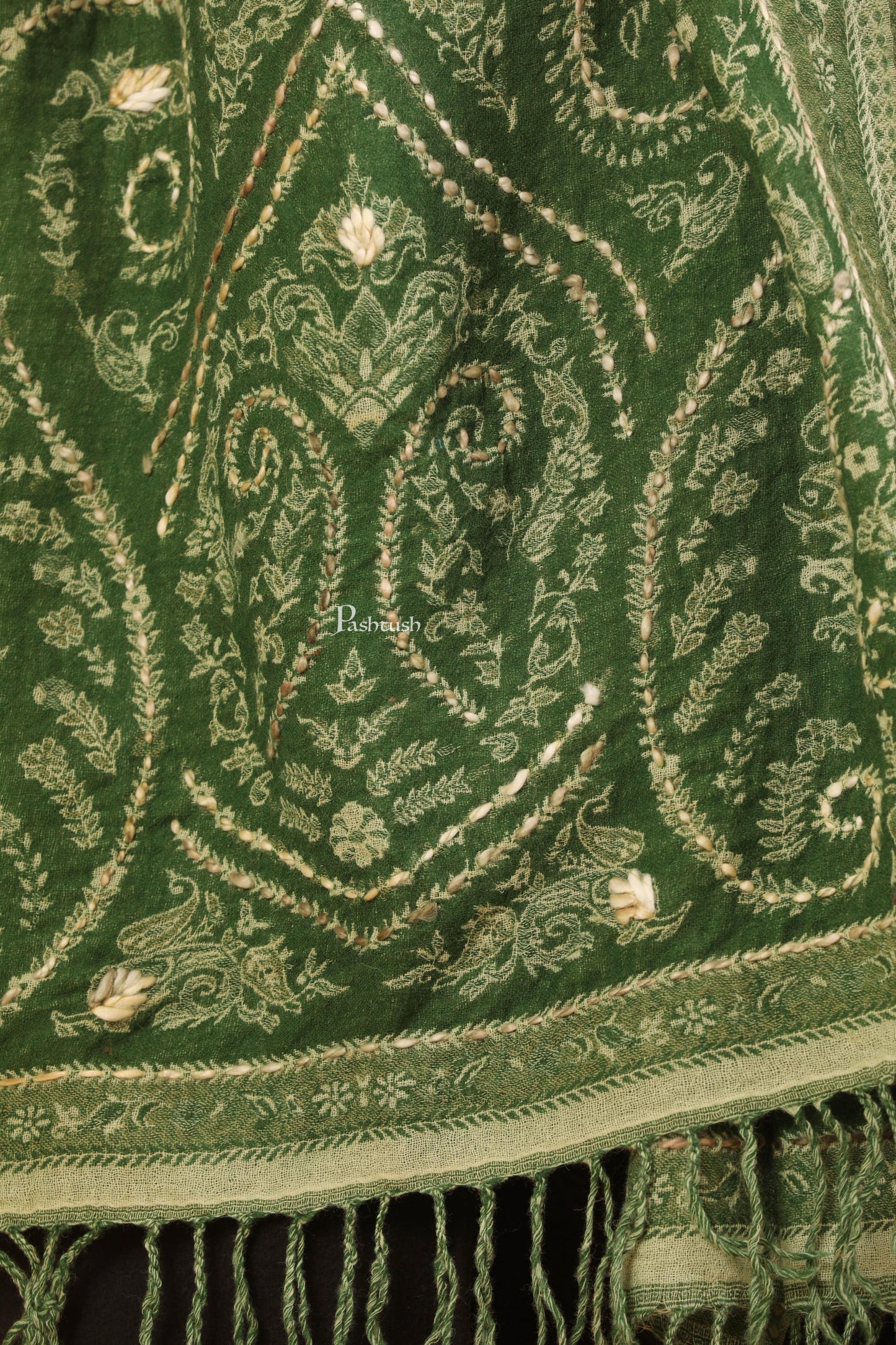 Pashtush India Womens Stoles Pashtush Womens Stole, Hand Embroidery with Woollen Thread, Soft and Warm, Emerald Green