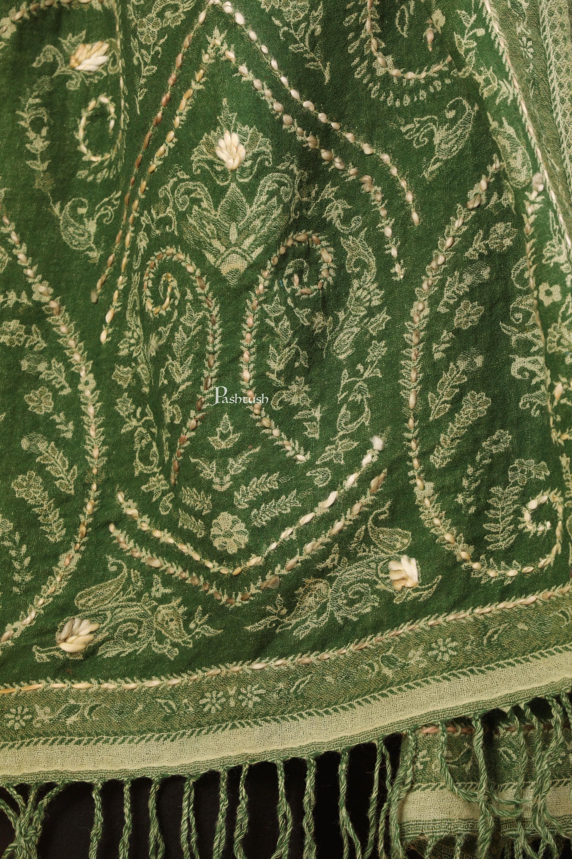Pashtush India Womens Stoles Pashtush Womens Stole, Hand Embroidery with Woollen Thread, Soft and Warm, Emerald Green