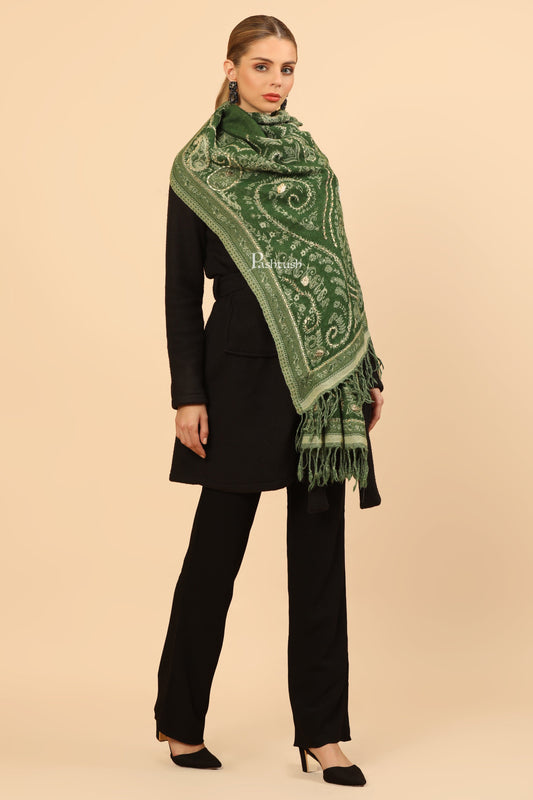 Pashtush India Womens Stoles Pashtush Womens Stole, Hand Embroidery with Woollen Thread, Soft and Warm, Emerald Green