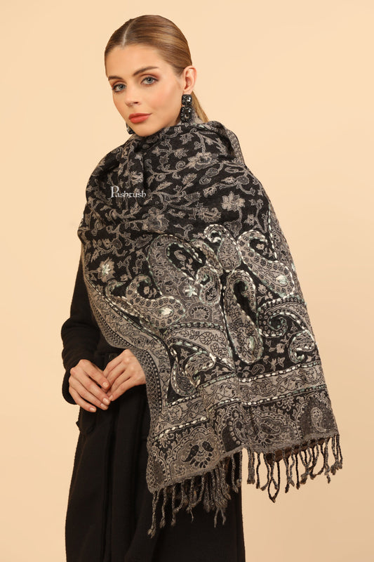 Pashtush India Womens Stoles Pashtush Womens Stole, Hand Embroidery with Woollen Thread, Soft and Warm, Sage