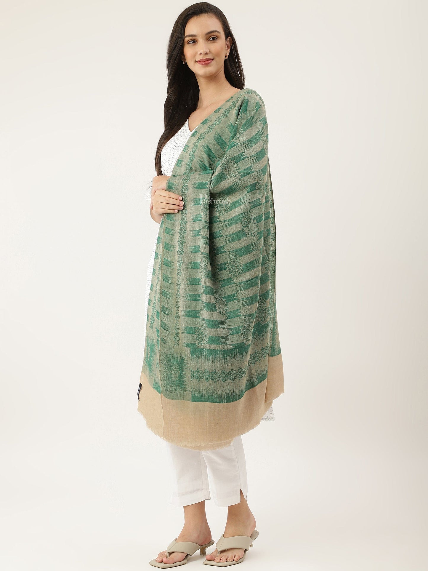 Pashtush India Womens Stoles and Scarves Scarf Pashtush womens Stole, ikkat design, Green