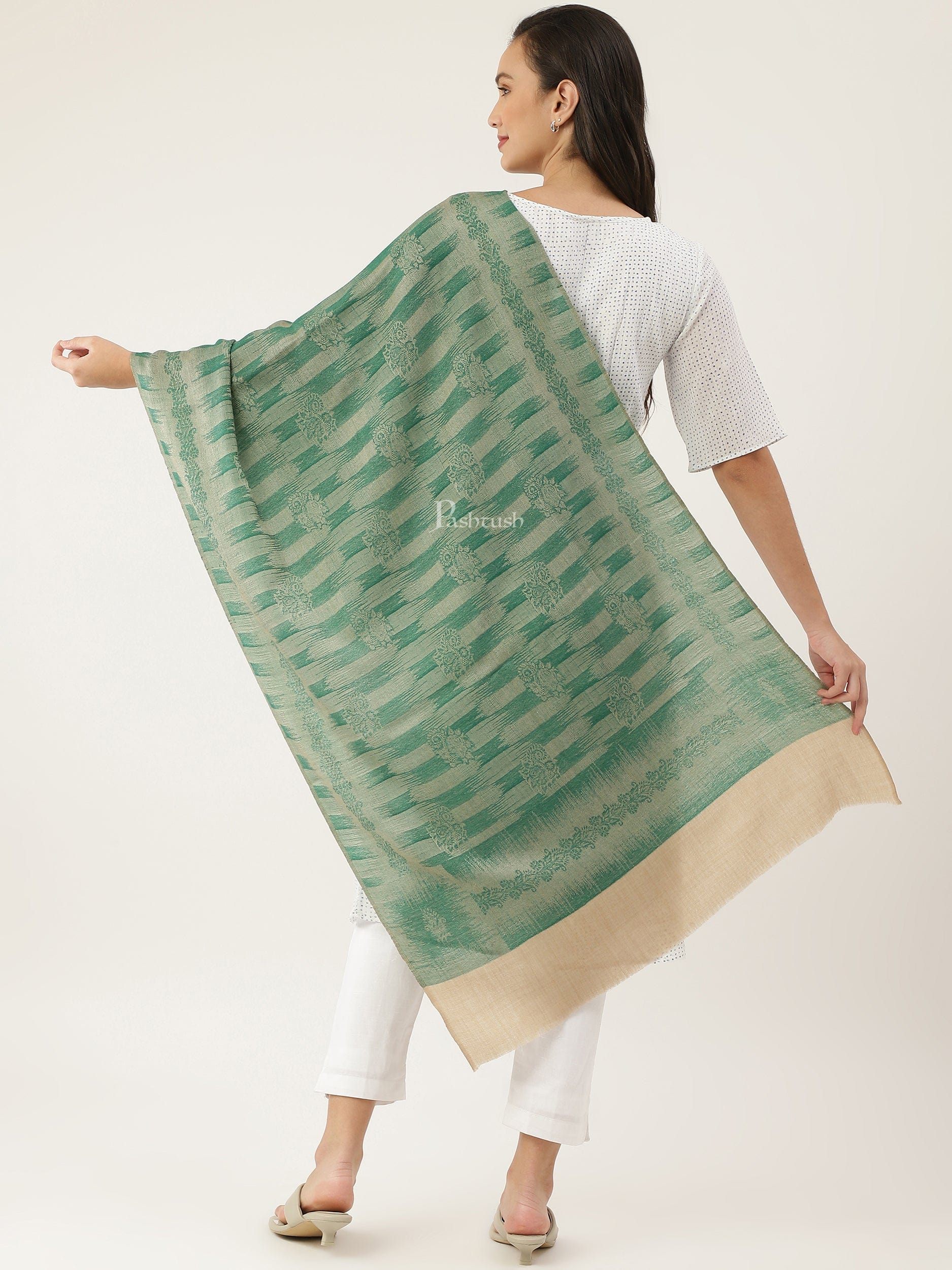 Pashtush India Womens Stoles and Scarves Scarf Pashtush womens Stole, ikkat design, Green