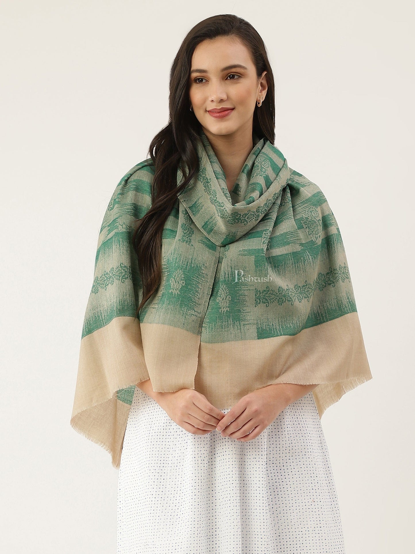 Pashtush India Womens Stoles and Scarves Scarf Pashtush womens Stole, ikkat design, Green
