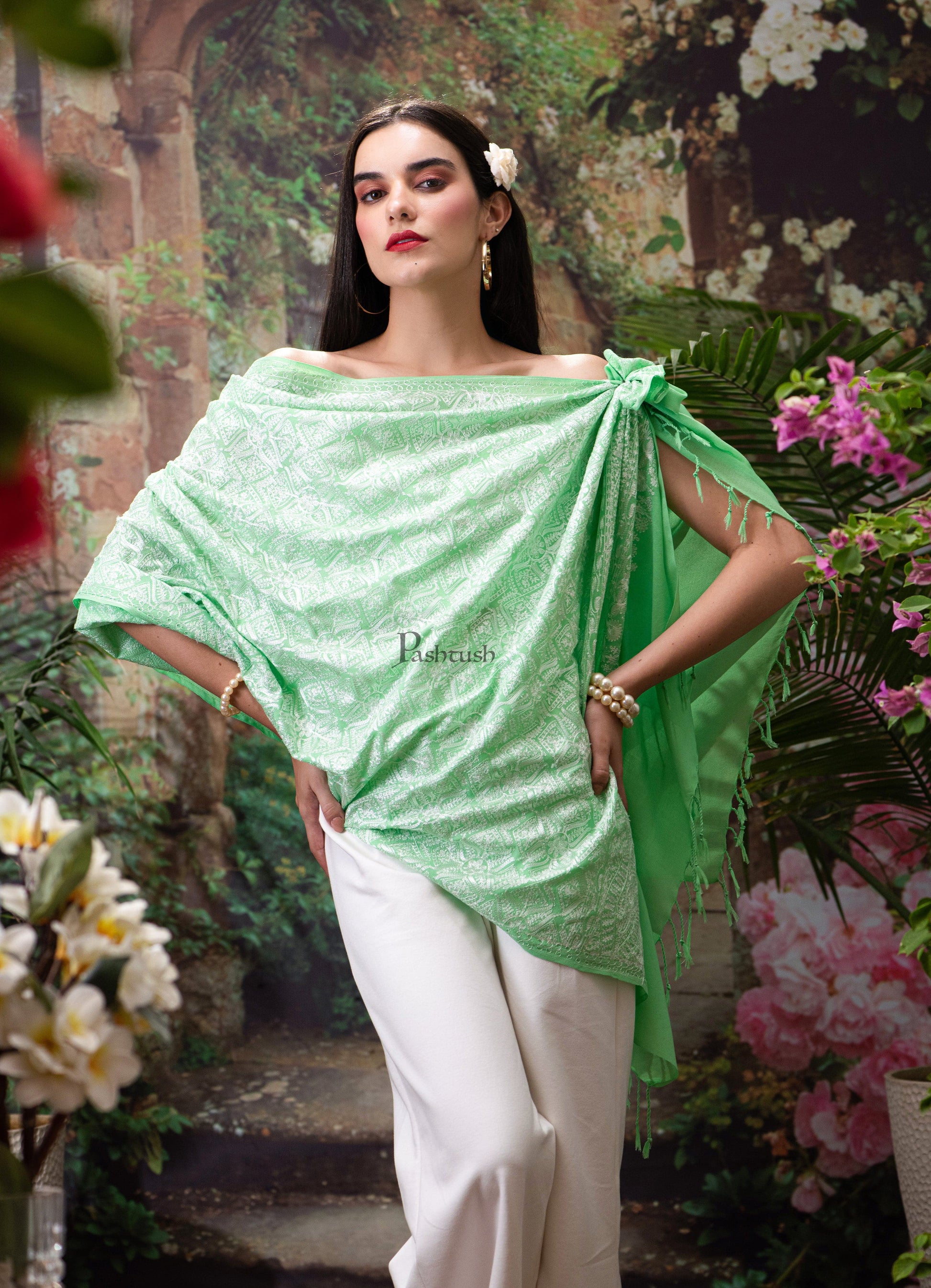 Pashtush India Womens Stoles and Scarves Scarf Pashtush Womens Stole, Romantic Pastels, Extra Fine Silky Nalki Embroidery, Peruvian Green