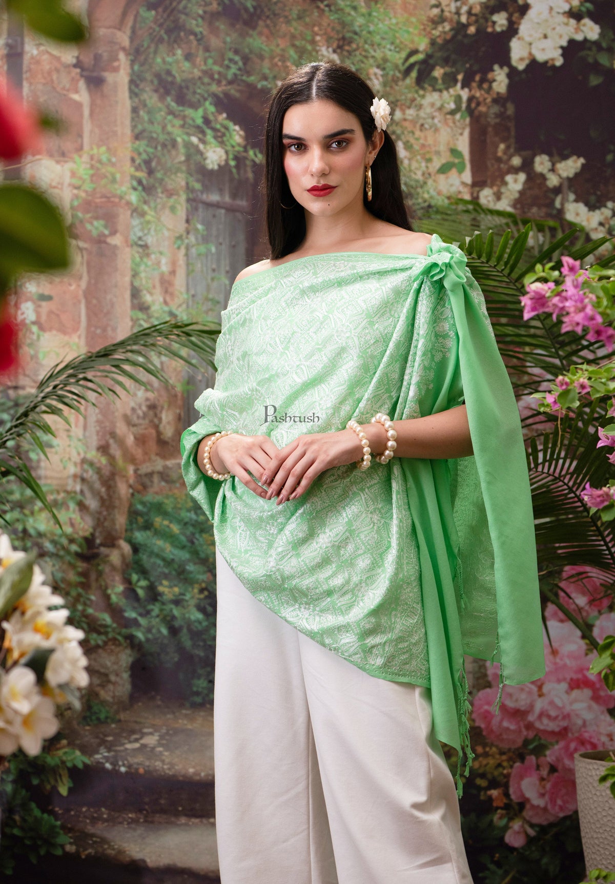 Pashtush India Womens Stoles and Scarves Scarf Pashtush Womens Stole, Romantic Pastels, Extra Fine Silky Nalki Embroidery, Peruvian Green
