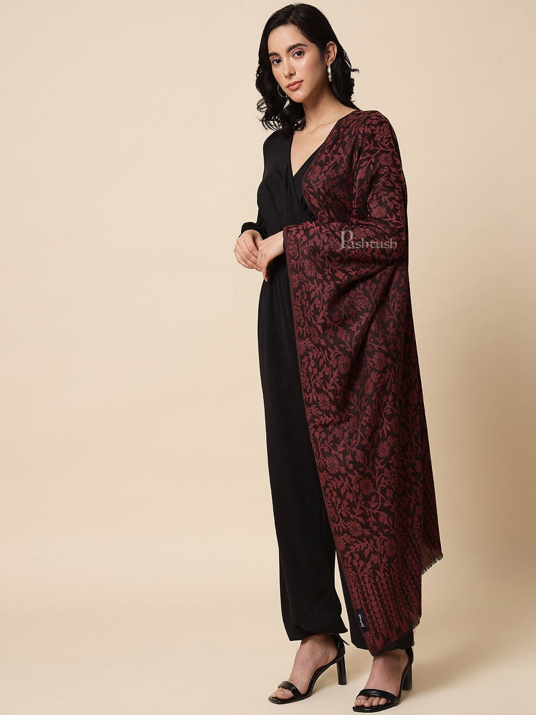 Pashtush India Womens Stoles and Scarves Scarf Pashtush Womens Stole, Soft and Warm, Reversible Floral Weave, Burgundy