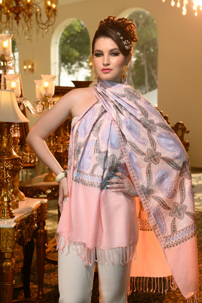 Pashtush India Womens Stoles and Scarves Scarf Pashtush Womens Stole, Soft Silky Nalki Embroidery Needlework Stole, Light Pink