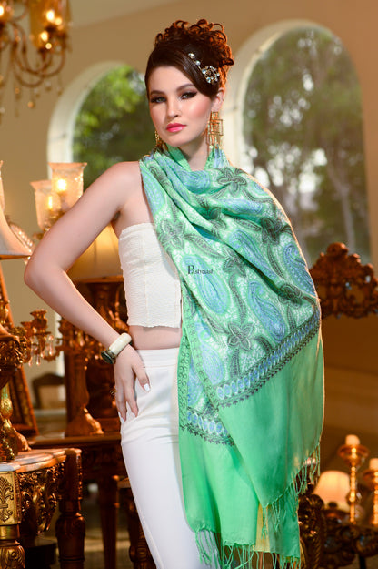 Pashtush India Womens Stoles and Scarves Scarf Pashtush Womens Stole, Soft Silky Nalki Embroidery Needlework Stole, Mint