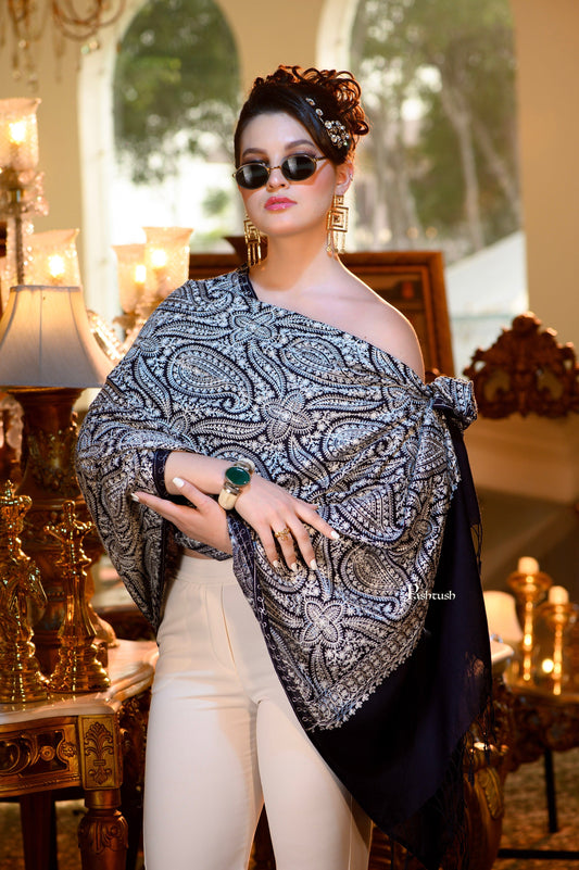 Pashtush India Womens Stoles and Scarves Scarf Pashtush Womens Stole, Soft Silky Nalki Embroidery Needlework Stole, Navy Blue
