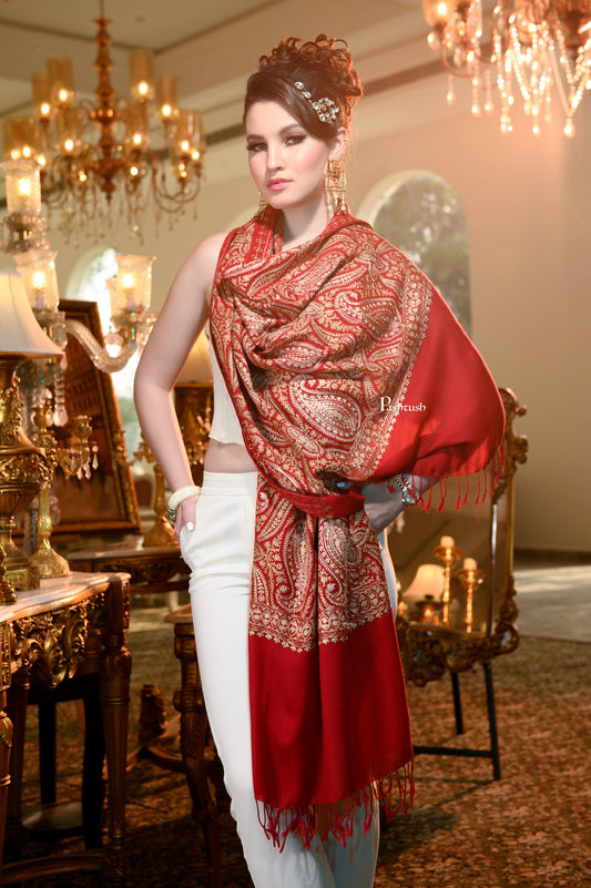 Pashtush India Womens Stoles and Scarves Scarf Pashtush Womens Stole, Soft Silky Nalki Embroidery Needlework Stole, Red