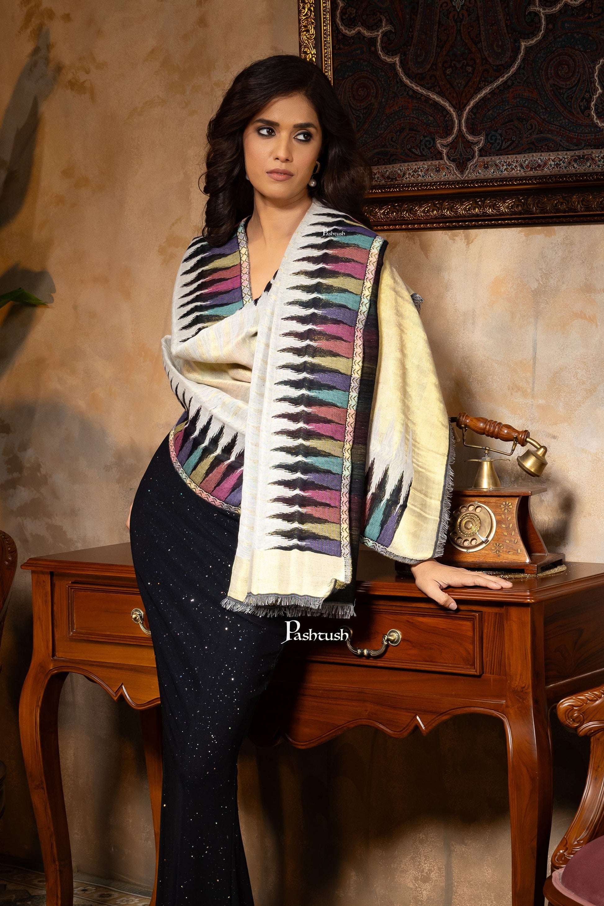 Pashtush India womens scarf and Stoles Pashtush Womens Stole, Twilight Collection, Gold Metallic Ikkat Weave, Fine Wool, Multicoloured