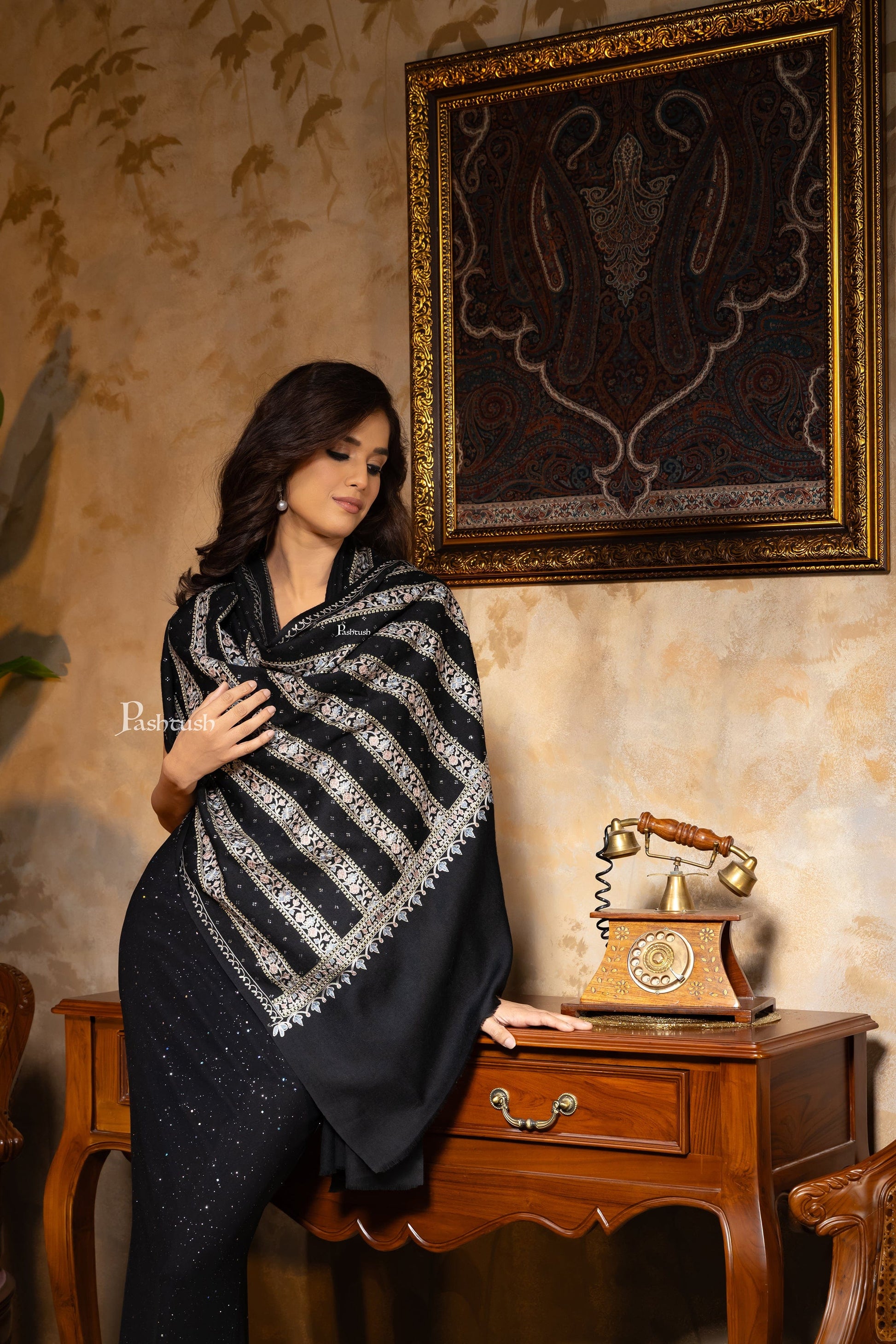 Pashtush India Womens Shawls Pashtush Womens Stole, Twilight Collection, Wool Silk Nalki Embroidery, Black