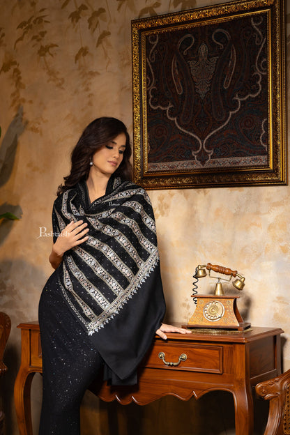 Pashtush India Womens Shawls Pashtush Womens Stole, Twilight Collection, Wool Silk Nalki Embroidery, Black