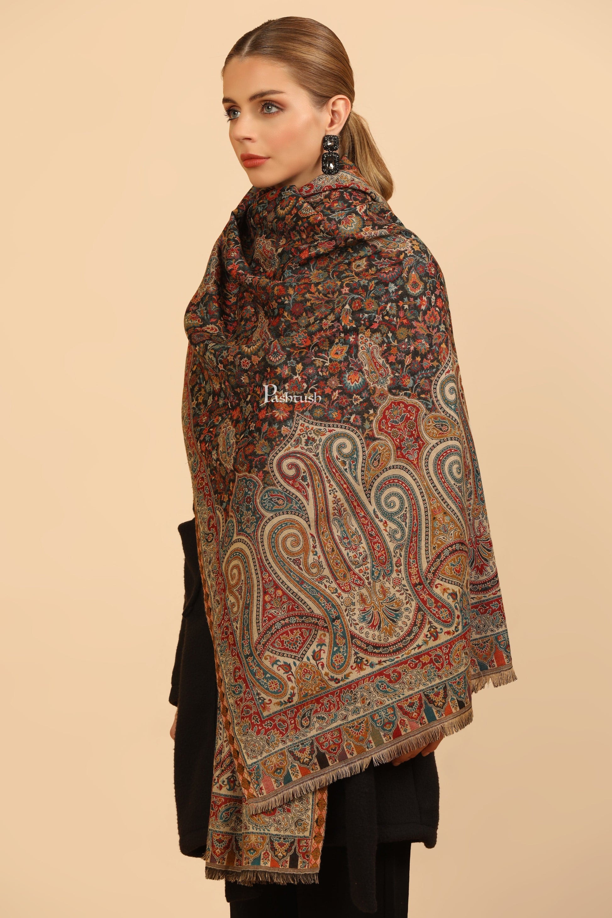 Pashtush India Womens Stoles Pashtush Womens Stole, Woven Ethnic Weave Design, Black