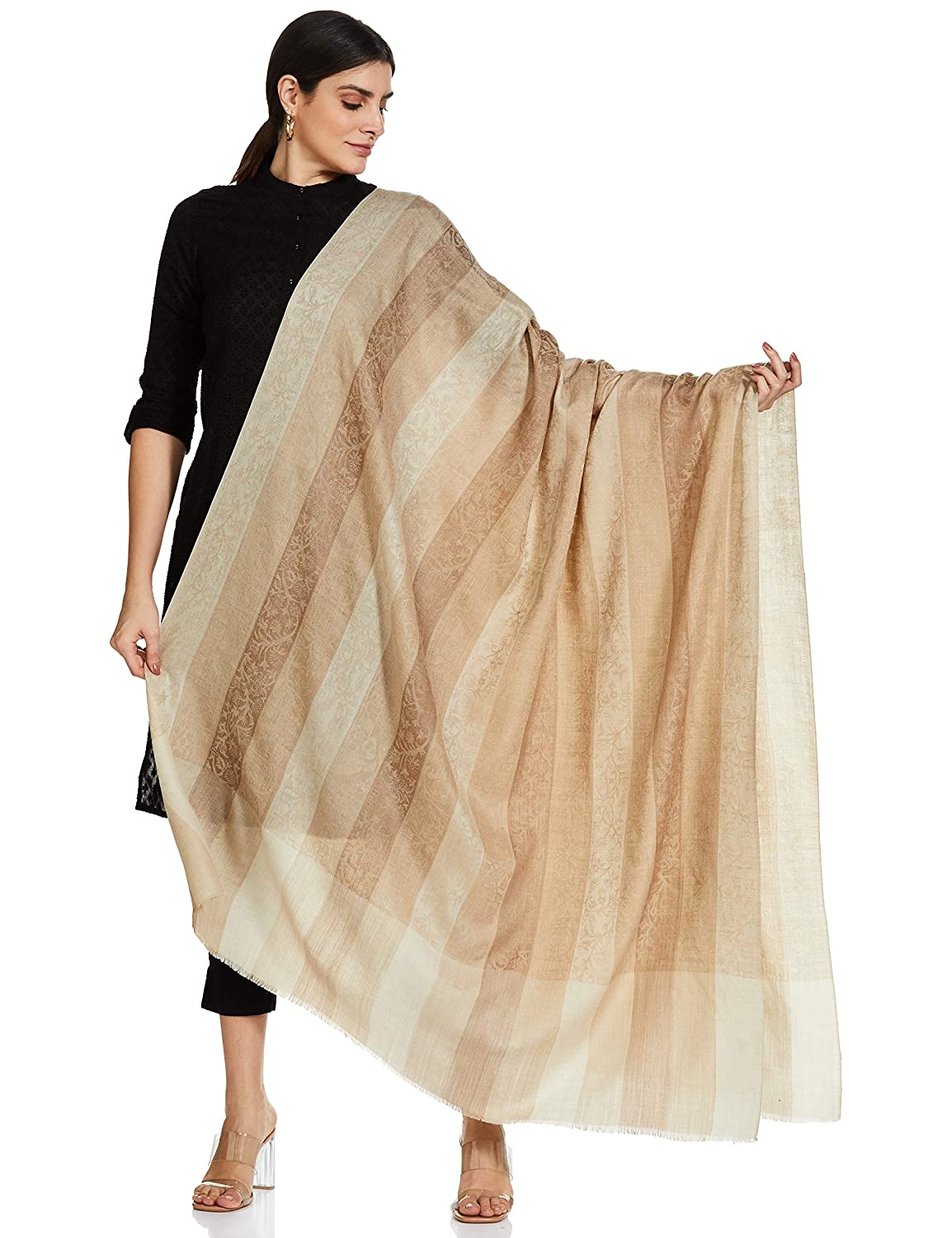 Pashtush India 114x228 Pashtush Womens Striped Paisley, Self Shawl, in Extra Soft Fine Wool, Large Size