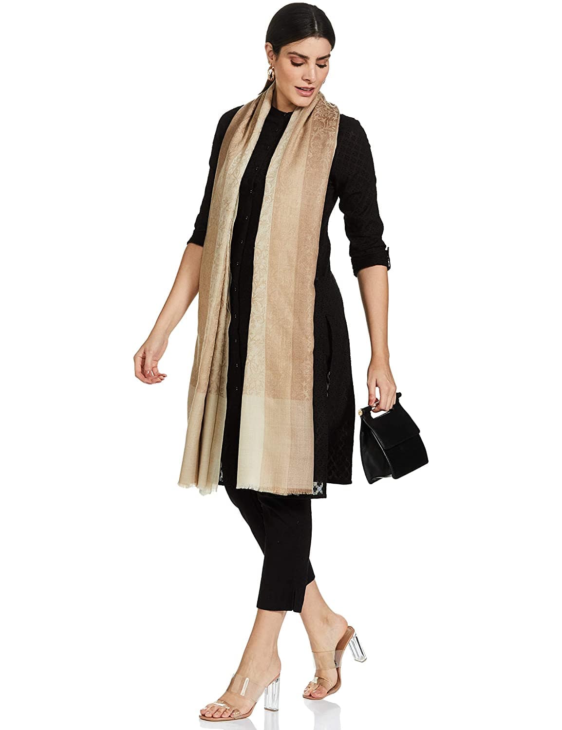 Pashtush India 114x228 Pashtush Womens Striped Paisley, Self Shawl, in Extra Soft Fine Wool, Large Size