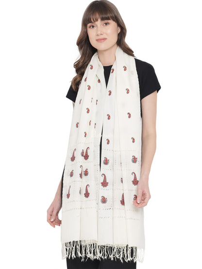 Pashtush India Womens Stoles and Scarves Scarf Pashtush Womens Tarkashi Embroidery, Handmade, Delicate, Fine Wool Stole, Ivory