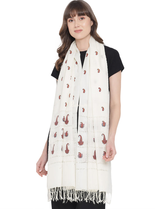 Pashtush India Womens Stoles and Scarves Scarf Pashtush Womens Tarkashi Embroidery, Handmade, Delicate, Fine Wool Stole, Ivory