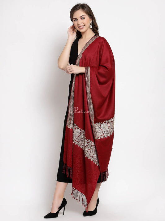 Pashtush India Womens Stoles and Scarves Scarf Pashtush Womens Tilla Work Embroidery Stole, Extra Fine Needlework, Crimson