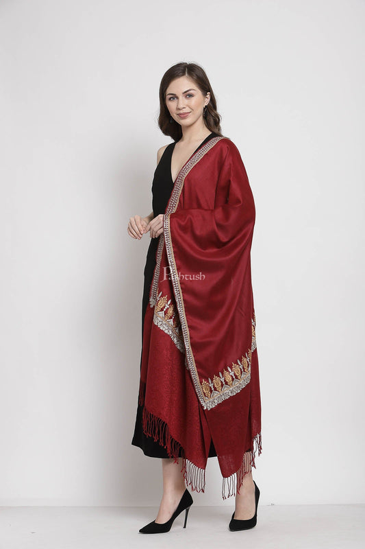 Pashtush India Womens Stoles and Scarves Scarf Pashtush Womens Tilla Work Embroidery Stole, Extra Fine Needlework, Maroon