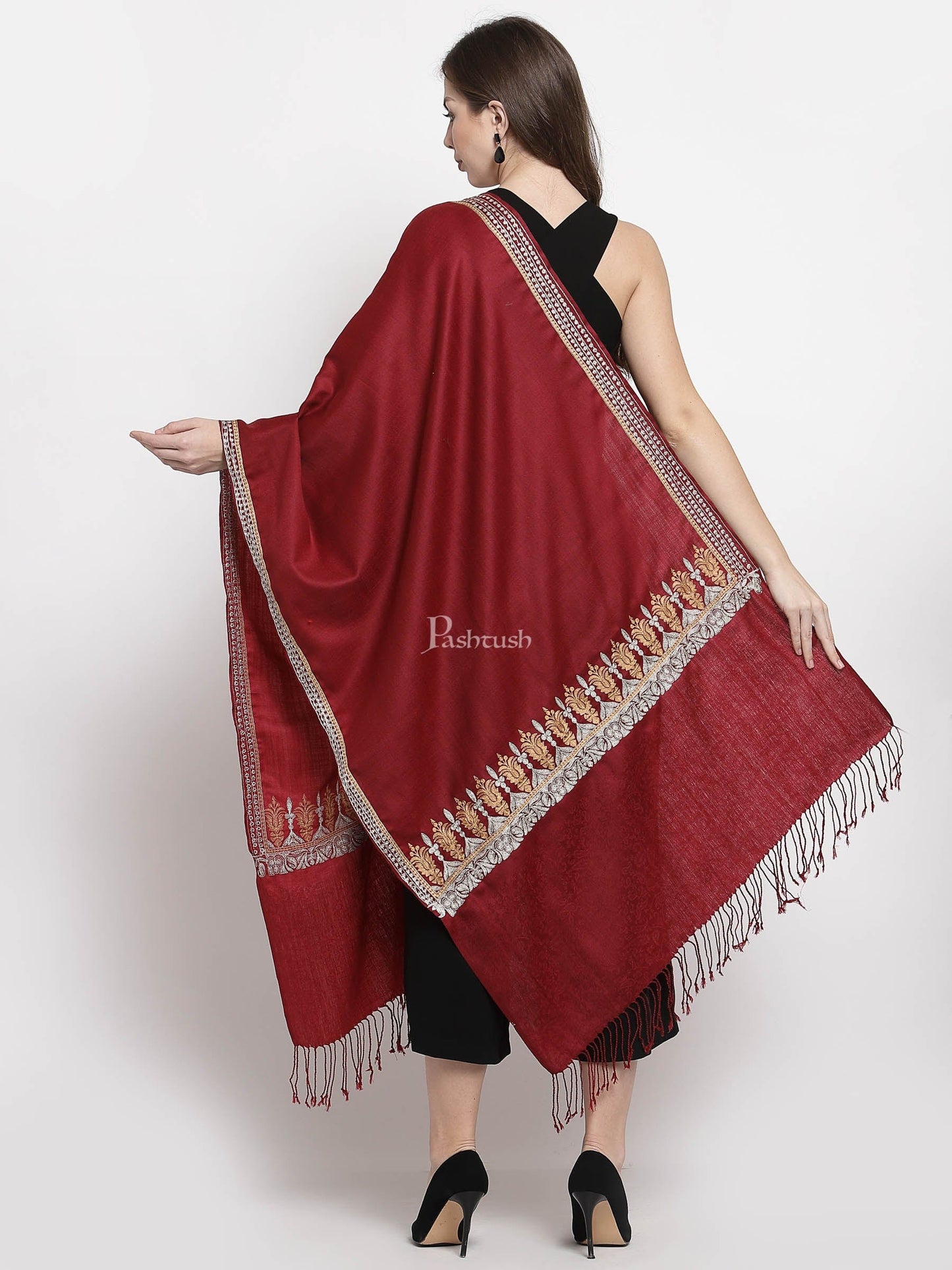 Pashtush India Womens Stoles and Scarves Scarf Pashtush Womens Tilla Work Embroidery Stole, Extra Fine Needlework, Maroon