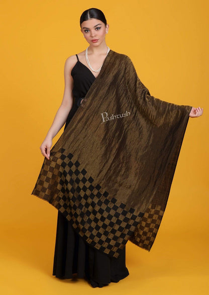 Pashtush Shawl Store Stole Pashtush Womens Twilight Checkered Scarf, With Shimmery Zari  thread Weave, Black and Gold