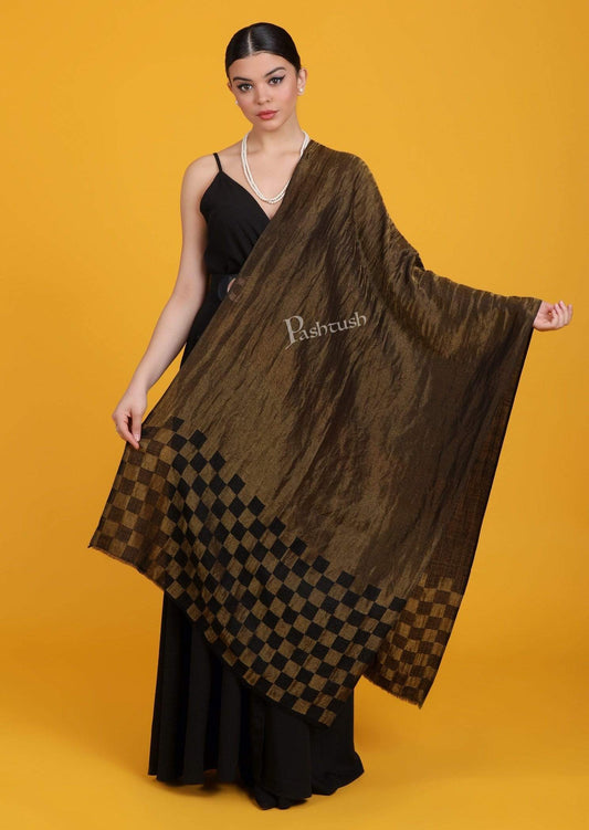 Pashtush Shawl Store Stole Pashtush Womens Twilight Checkered Scarf, With Shimmery Zari  thread Weave, Black and Gold