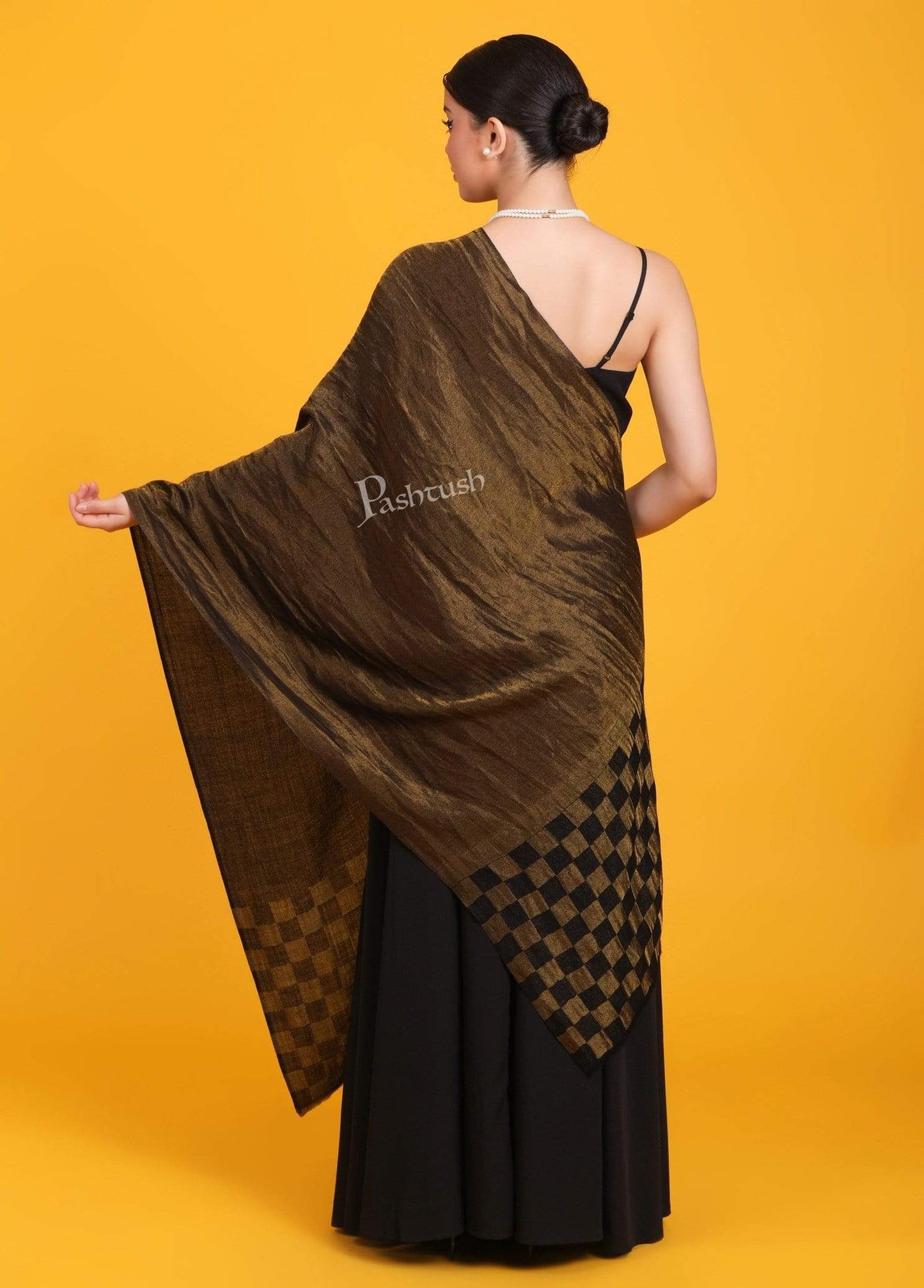 Pashtush Shawl Store Stole Pashtush Womens Twilight Checkered Scarf, With Shimmery Zari  thread Weave, Black and Gold